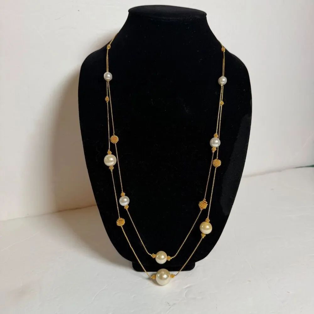 Vintage Double Strand Faux Pearl Gold Tone Opera Necklace 30" Spiral Beads